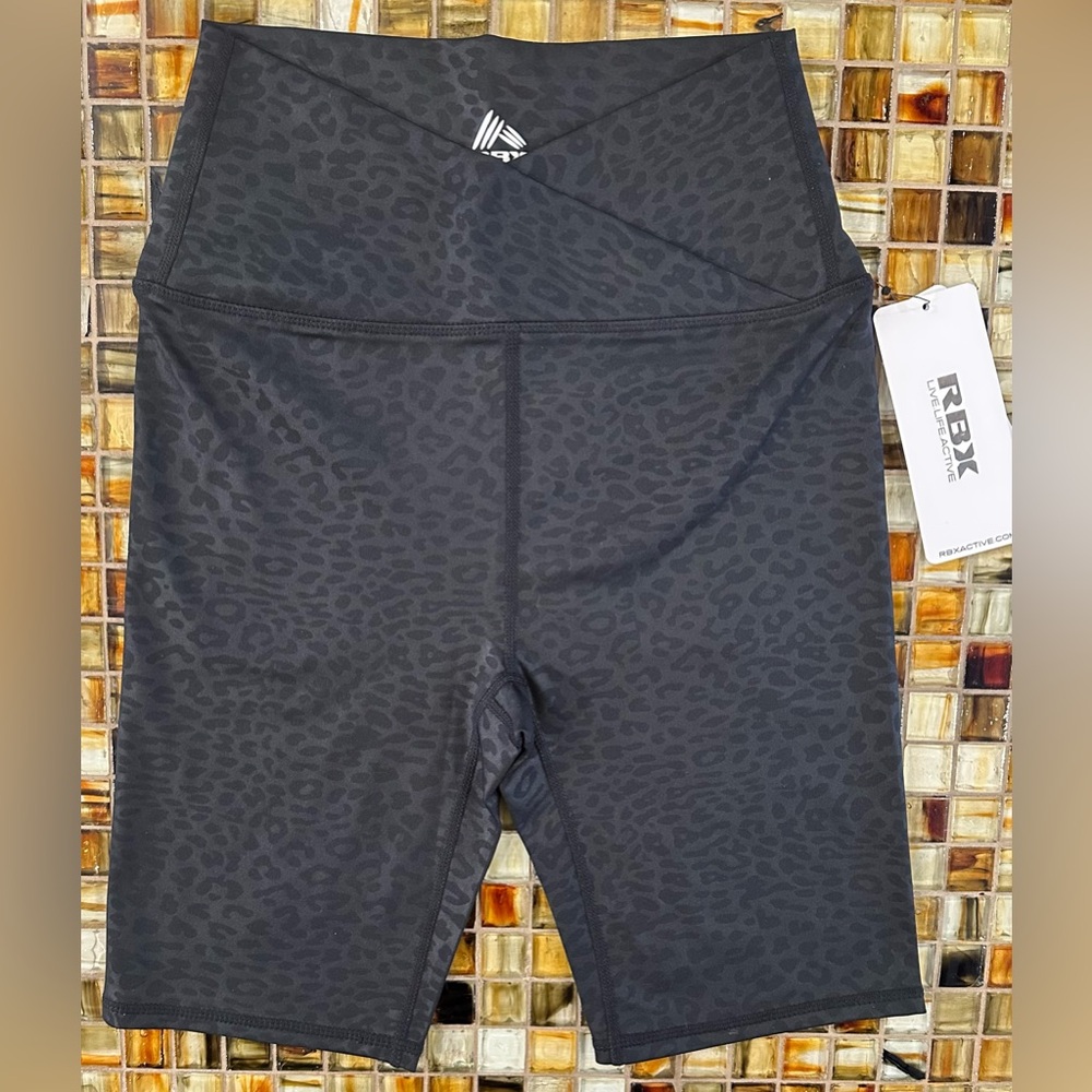 NWT RBX Women’s V-Waist Bike Shorts~8” Inseam~XS~Black w Leopard Print~$38